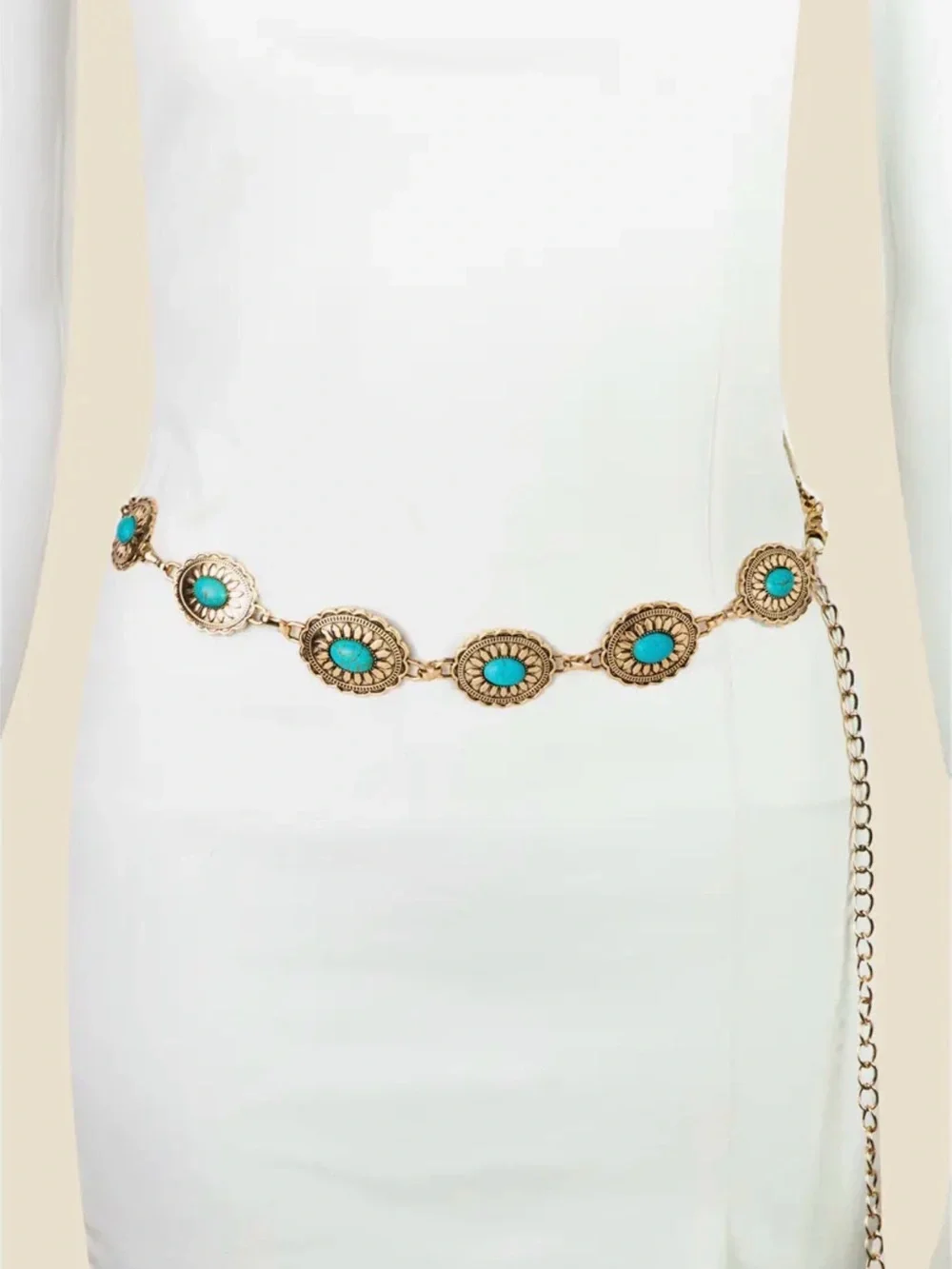 Gold Floral Concho Turquoise Disc Chain Belt